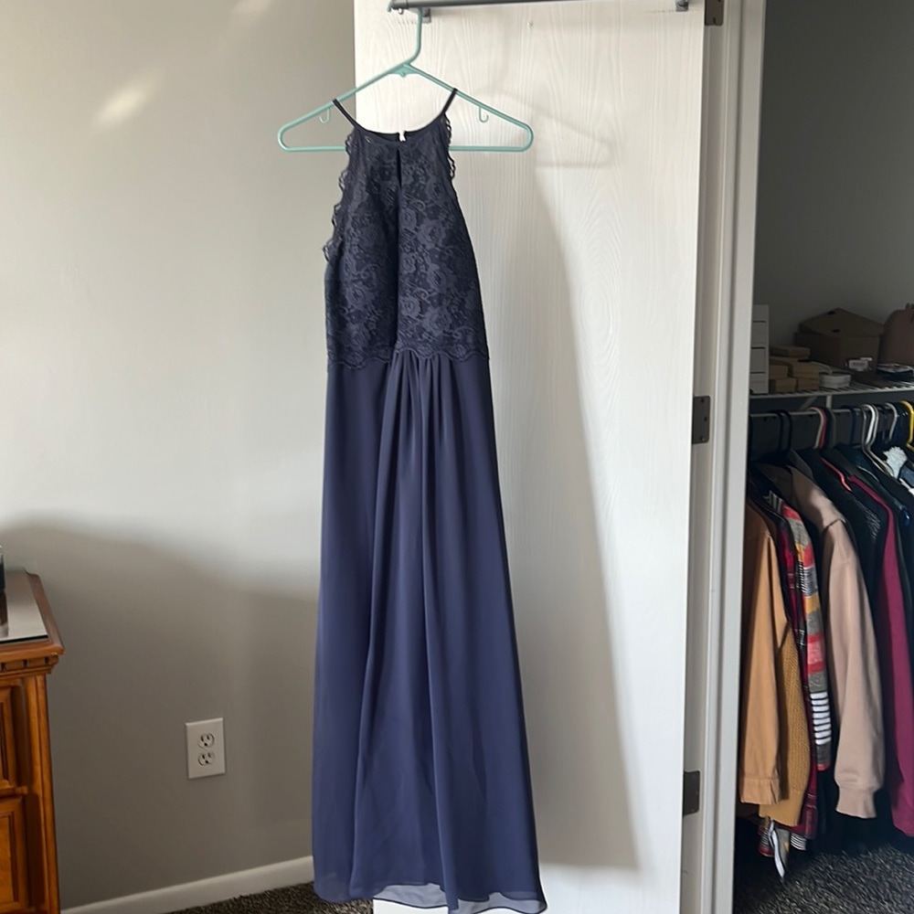 JJs House Navy Blue Lace Halter Bridesmaid Dress